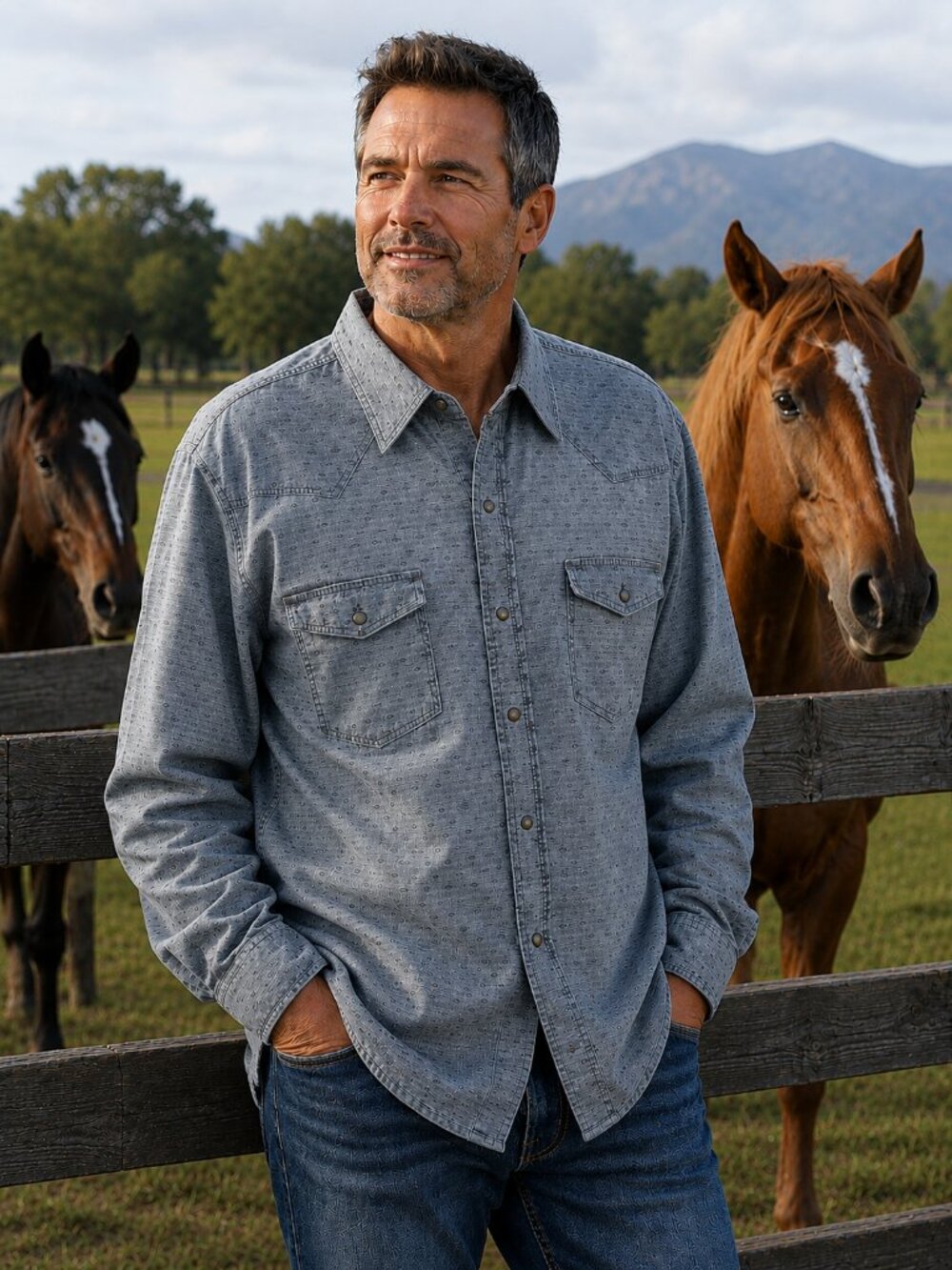 RED HEAD RANCH Men's Lng Slve Collar Snap -Up Blue Gray Western Design Shirt 2X